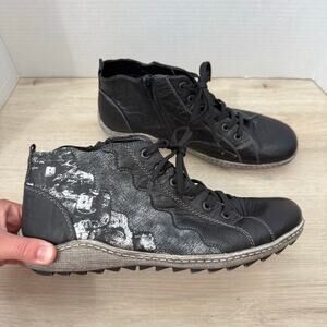 Remonte Black Leather Ankle Boots Lace Up Zip Comfort Moto Casual Size 40